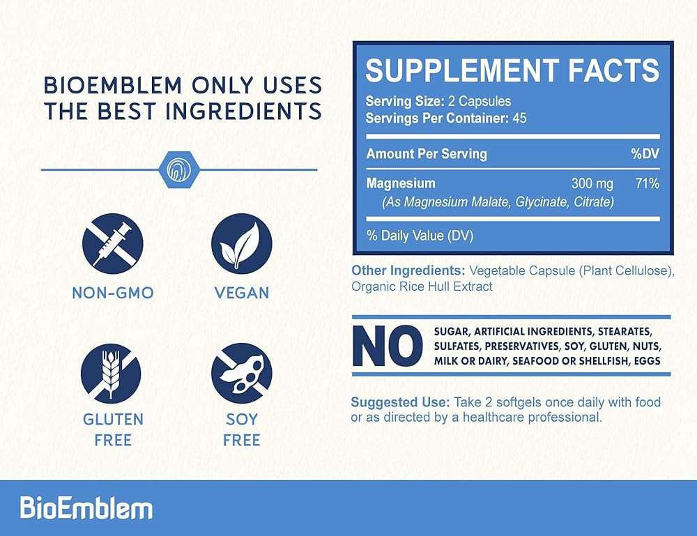 BioEmblem Triple Magnesium Complex | 300mg Magnesium Glycinate, Malate & Citrate | High Absorption Chelated Formula | Vegan, Non-GMO, Gluten-Free | 90 Capsules - Image 4