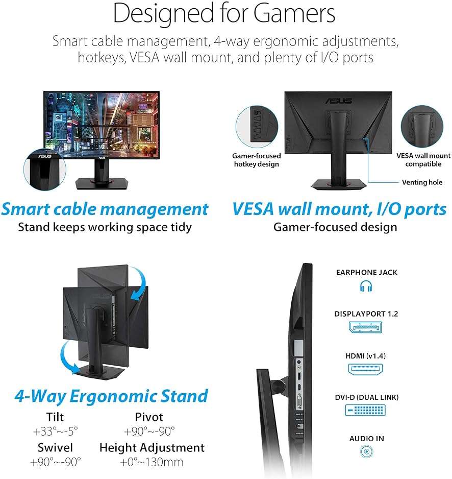 ASUS VG248QG 24” G-Sync Compatible Gaming Monitor 165Hz Full HD 1080p 0.5ms DP HDMI DVI Eye Care - Image 7