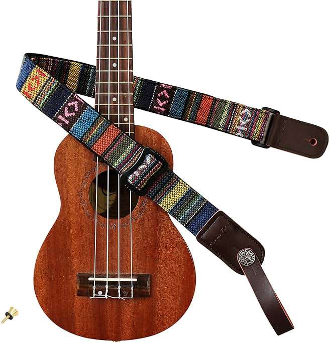 MUSIC FIRST Classic Country style Soft Yarn-dyed fabric & Genuine Leather Ukulele Strap Ukulele Shoulder Strap Version 2.0 With a MUSIC FIRST Genuine Leather Str. Locker - Image 1