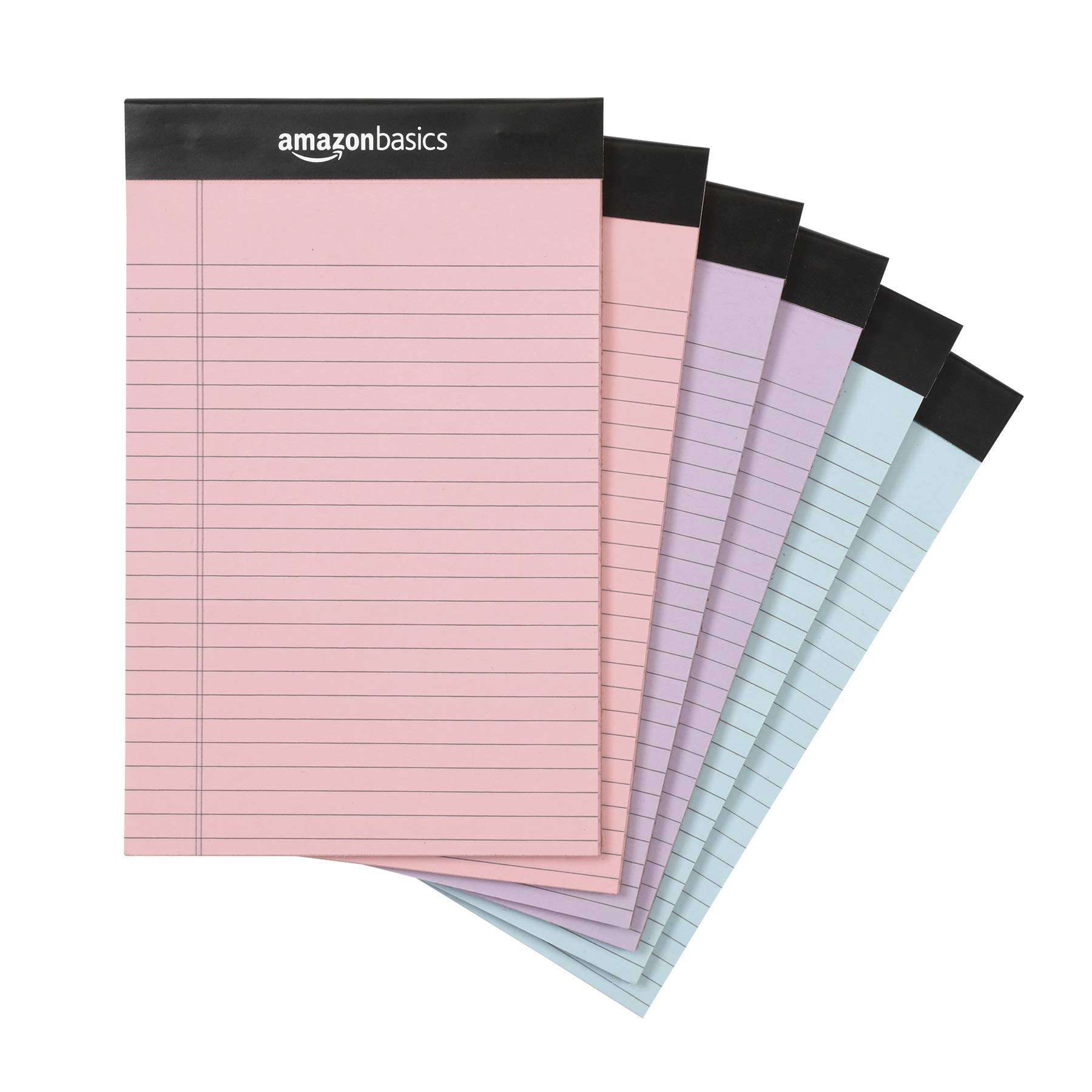 Amazon Basics Narrow Ruled Writing Pads, Perforated, 5" x 8", Multicolor, 6-Pack of 50 Sheets - Image 1