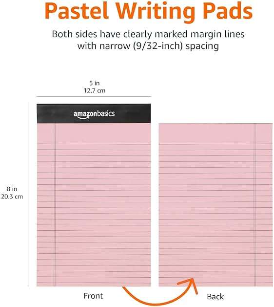 Amazon Basics Narrow Ruled Writing Pads, Perforated, 5" x 8", Multicolor, 6-Pack of 50 Sheets - Image 2