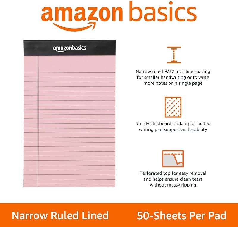 Amazon Basics Narrow Ruled Writing Pads, Perforated, 5" x 8", Multicolor, 6-Pack of 50 Sheets - Image 3