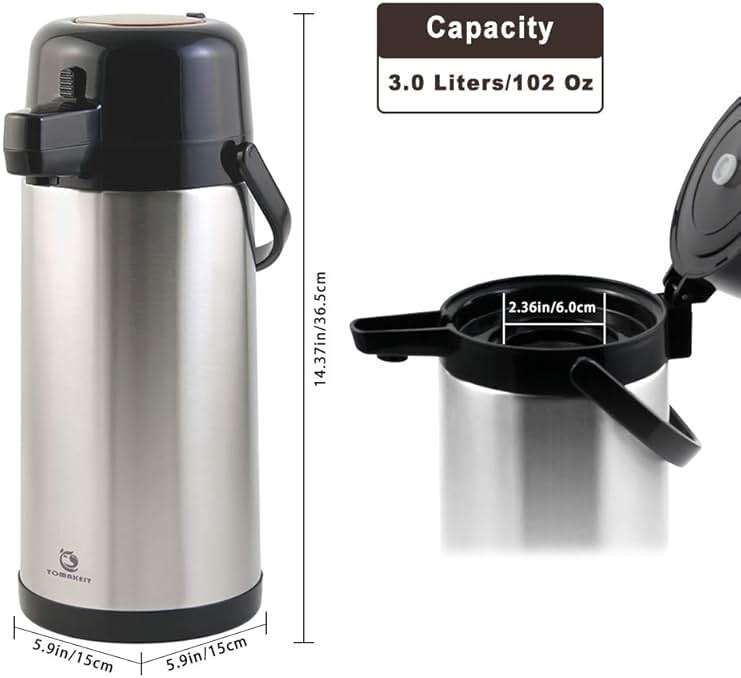 TOMAKEIT Airpot Coffee Carafe for Keeping Hot,102oz/3L Coffee Dispenser Thermal with Pump,Insulated Stainless Steel Hot Beverage Dispenser for Parties,Thermal Carafe for Hot Drinks Water Tea Chocolate - Image 3