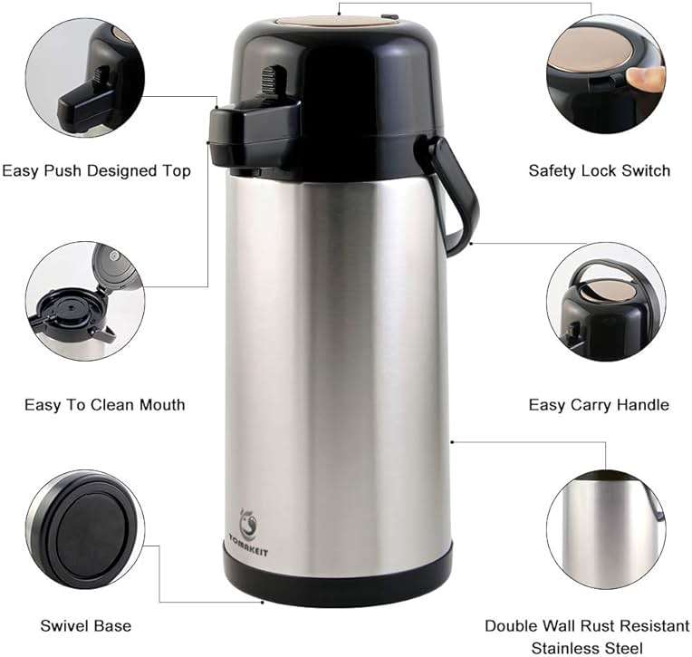 TOMAKEIT Airpot Coffee Carafe for Keeping Hot,102oz/3L Coffee Dispenser Thermal with Pump,Insulated Stainless Steel Hot Beverage Dispenser for Parties,Thermal Carafe for Hot Drinks Water Tea Chocolate - Image 4