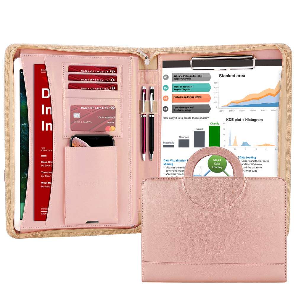 Darolin Vegan Leather Padfolio Portfolio with Handle, Zipper -Rosegold | Business Portfolio Organizer for Meetings, Interviews, Travel, Resume, Clipboard Fits A4, Letter Size, Padfolio for Men Women - Image 1