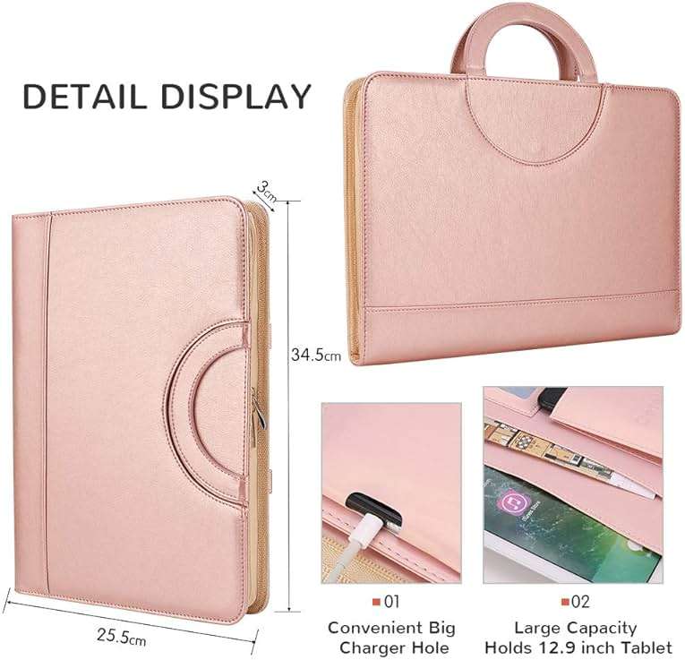 Darolin Vegan Leather Padfolio Portfolio with Handle, Zipper -Rosegold | Business Portfolio Organizer for Meetings, Interviews, Travel, Resume, Clipboard Fits A4, Letter Size, Padfolio for Men Women - Image 3