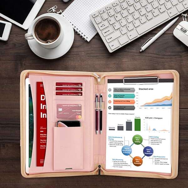 Darolin Vegan Leather Padfolio Portfolio with Handle, Zipper -Rosegold | Business Portfolio Organizer for Meetings, Interviews, Travel, Resume, Clipboard Fits A4, Letter Size, Padfolio for Men Women - Image 7