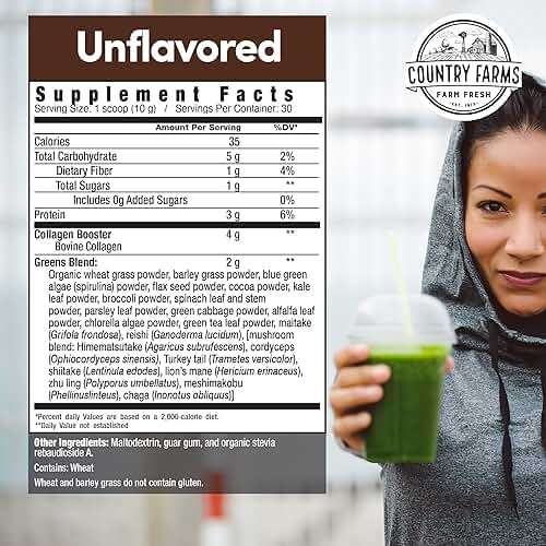 Country Farms Collagen Peptides Powder with Greens Dietary Powder Supplement (Type I, III) for Skin Hair Nail and Joints, Dairy/Sugar Free, Energizing Superfoods, Natural, 10.6 Oz 30 Servings - Image 2