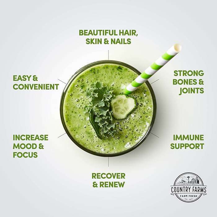 Country Farms Collagen Peptides Powder with Greens Dietary Powder Supplement (Type I, III) for Skin Hair Nail and Joints, Dairy/Sugar Free, Energizing Superfoods, Natural, 10.6 Oz 30 Servings - Image 3