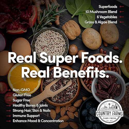 Country Farms Collagen Peptides Powder with Greens Dietary Powder Supplement (Type I, III) for Skin Hair Nail and Joints, Dairy/Sugar Free, Energizing Superfoods, Natural, 10.6 Oz 30 Servings - Image 4