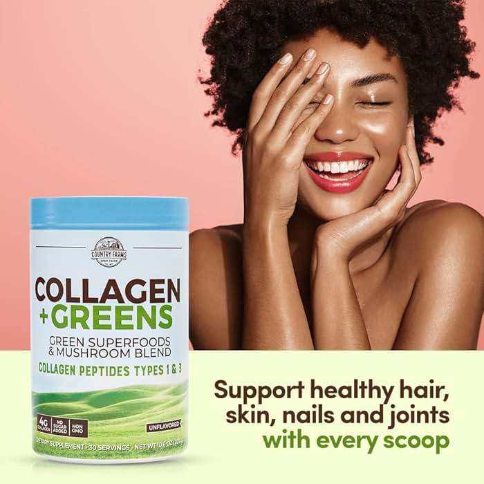 Country Farms Collagen Peptides Powder with Greens Dietary Powder Supplement (Type I, III) for Skin Hair Nail and Joints, Dairy/Sugar Free, Energizing Superfoods, Natural, 10.6 Oz 30 Servings - Image 5