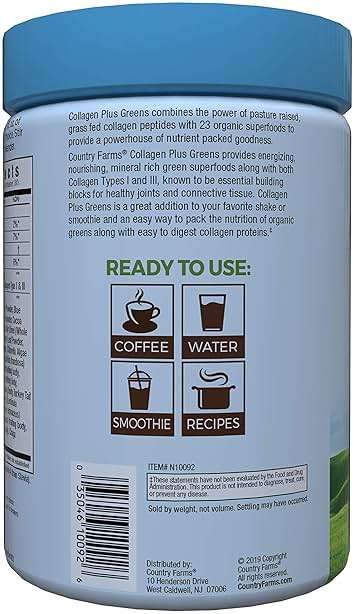 Country Farms Collagen Peptides Powder with Greens Dietary Powder Supplement (Type I, III) for Skin Hair Nail and Joints, Dairy/Sugar Free, Energizing Superfoods, Natural, 10.6 Oz 30 Servings - Image 6