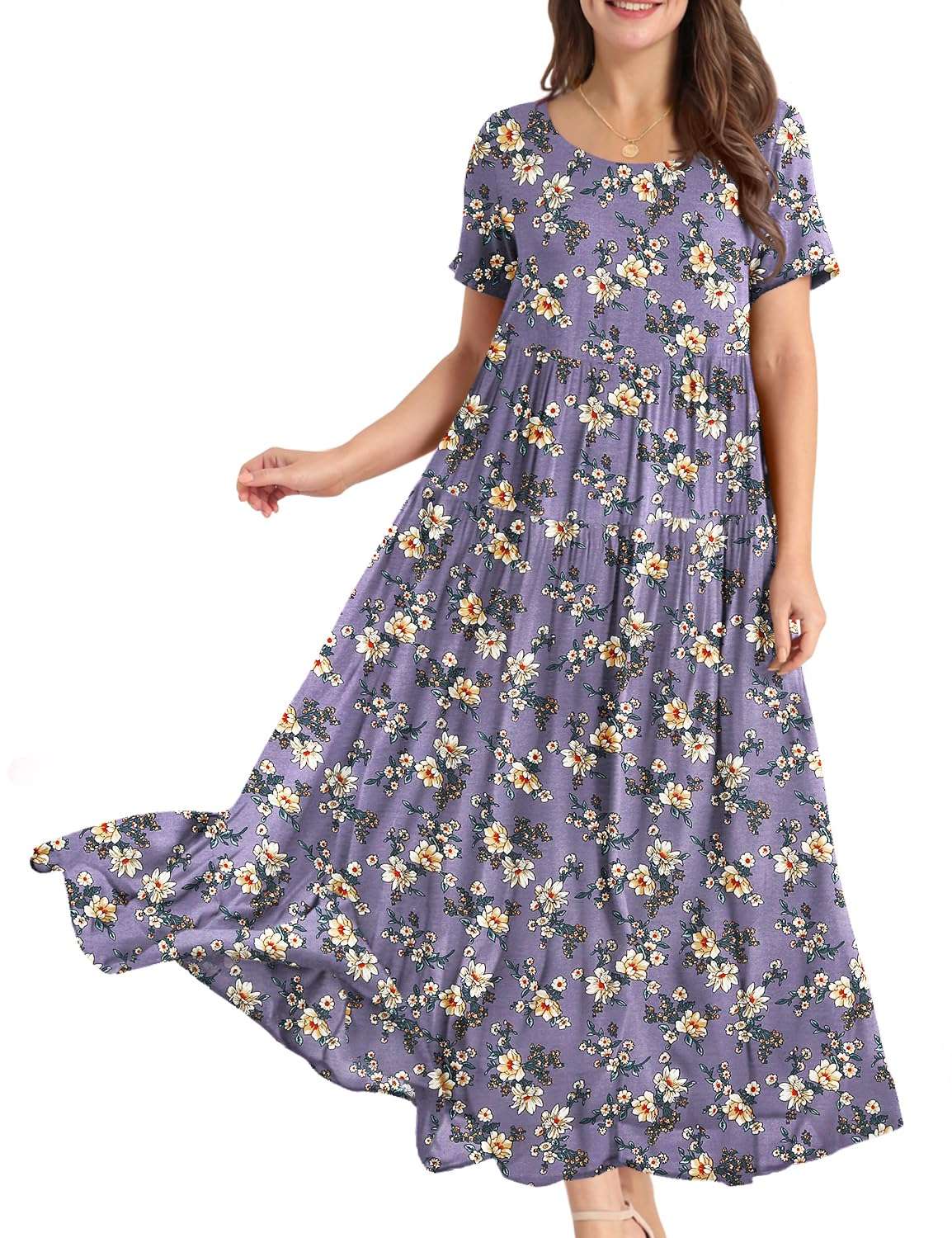 YESNO Women Casual Loose Bohemian Floral Dress with Pockets Short Sleeve Long Maxi Summer Beach Swing Dress EJF - Image 1
