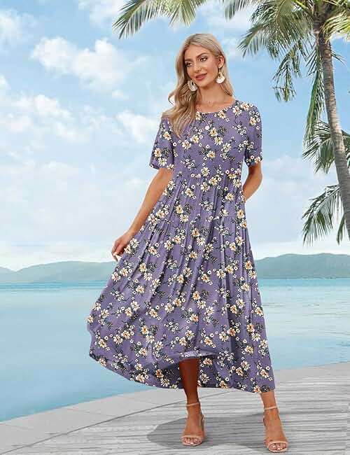 YESNO Women Casual Loose Bohemian Floral Dress with Pockets Short Sleeve Long Maxi Summer Beach Swing Dress EJF - Image 2