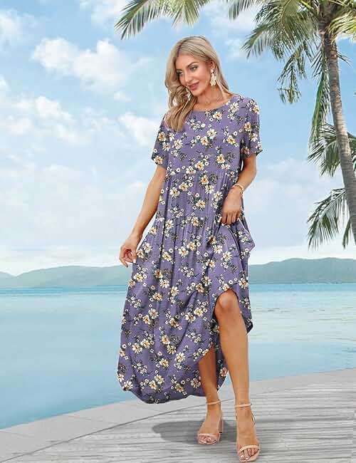 YESNO Women Casual Loose Bohemian Floral Dress with Pockets Short Sleeve Long Maxi Summer Beach Swing Dress EJF - Image 3