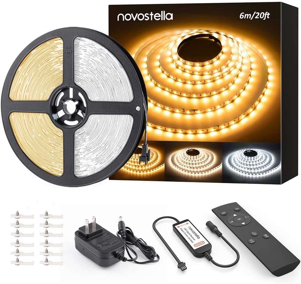 NOVOSTELLA 20ft Tunable White LED Strip Light kit Dimmable 3000K-6500K 24V LED Tape Light with Remote Flexible Rope LED Ribbon for Bedroom Home Lighting Mirror Kitchen Bar Cabinet Daylight Warm White - Image 1