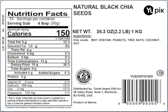 Yupik Raw Black Chia Seeds, 2.2 lb (35.2 oz), Gluten-Free, Kosher, Vegan, Natural Seeds, Plant-Based Superfood, Rich in Fiber, Source of Omega-3, Ideal for Chia Pudding & Smoothies, Gels Easily - Image 2