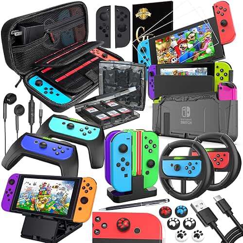 Deruitu Switch Accessories Bundle Compatible with Nintendo Switch, Kit with Carrying Case, Screen Protector, Compact Playstand, Game Case, Joystick Cap, Charging Dock,Steering Wheel, (18 in 1) - Image 1