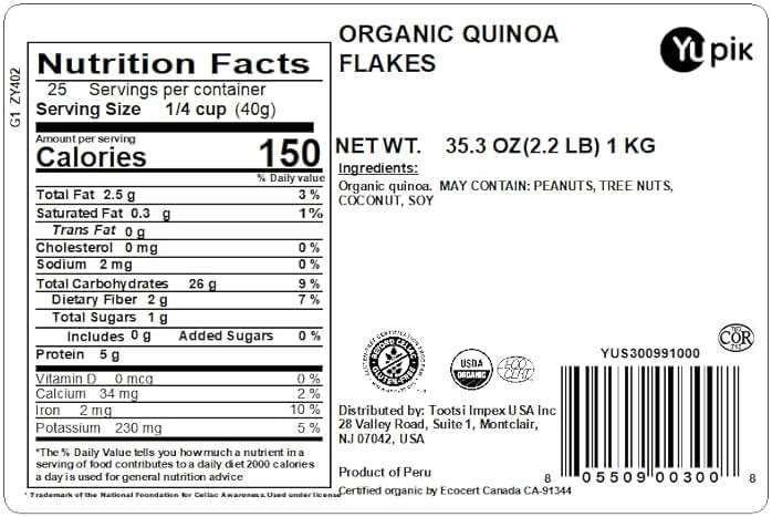 Yupik Organic White Quinoa Flakes, 2.2 lb (35.2 oz), Non-GMO, Gluten-Free, Kosher, Vegan, Salt-Free, Oil-Free, Plant-Based Protein, Source of Fiber, Alternative to Oats, Ideal for Baking & Cooking - Image 2
