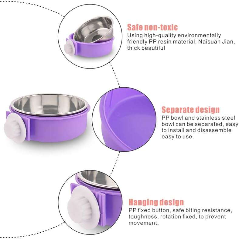 Crate Dog Bowl Removable Stainless Steel Water Food Feeder Bowls Cage Coop Cup for Cat Puppy Bird Pets (Large, Purple) - Image 4
