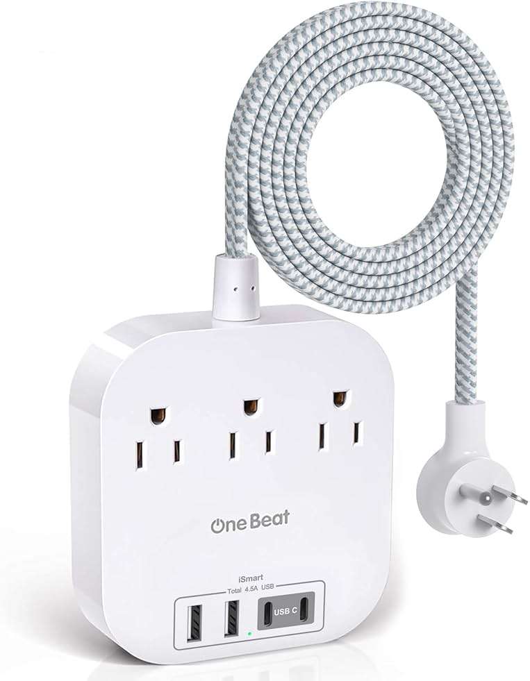 One Beat Power Strip with USB C, 3 Outlets 4 USB Ports (22.5W/4.5A) Desktop Charging Station, Flat Plug, 6ft Braided Extension Cord, Non Surge Protector for Travel, Cruise Ship, ETL Listed - Image 1