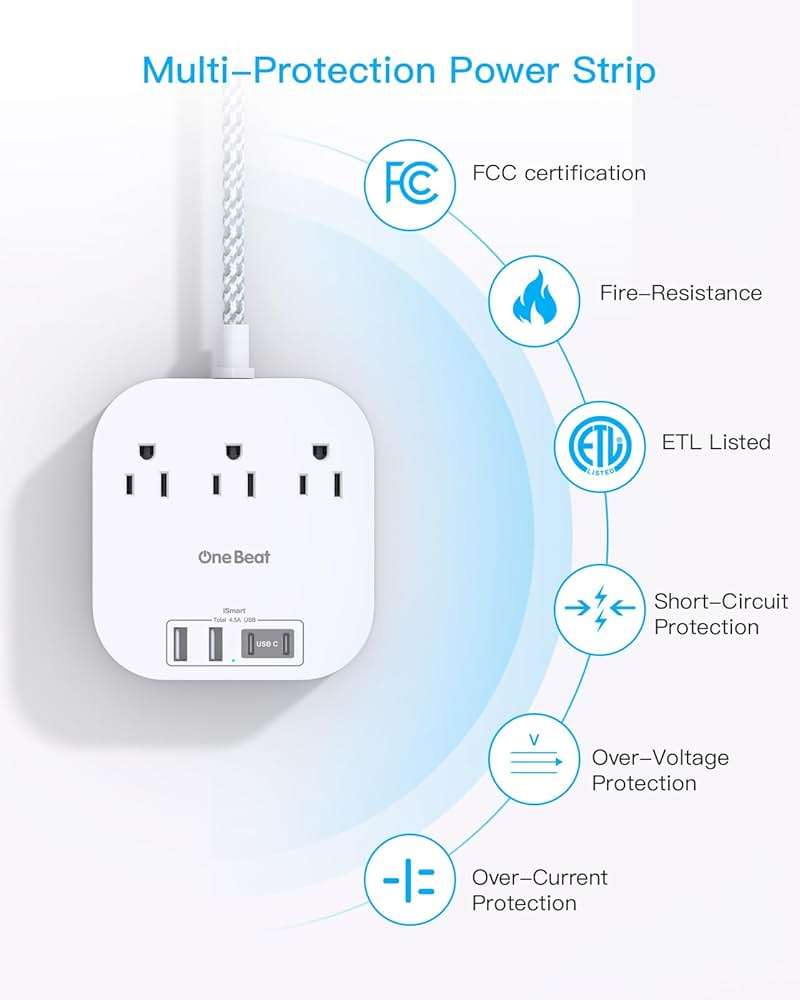 One Beat Power Strip with USB C, 3 Outlets 4 USB Ports (22.5W/4.5A) Desktop Charging Station, Flat Plug, 6ft Braided Extension Cord, Non Surge Protector for Travel, Cruise Ship, ETL Listed - Image 5