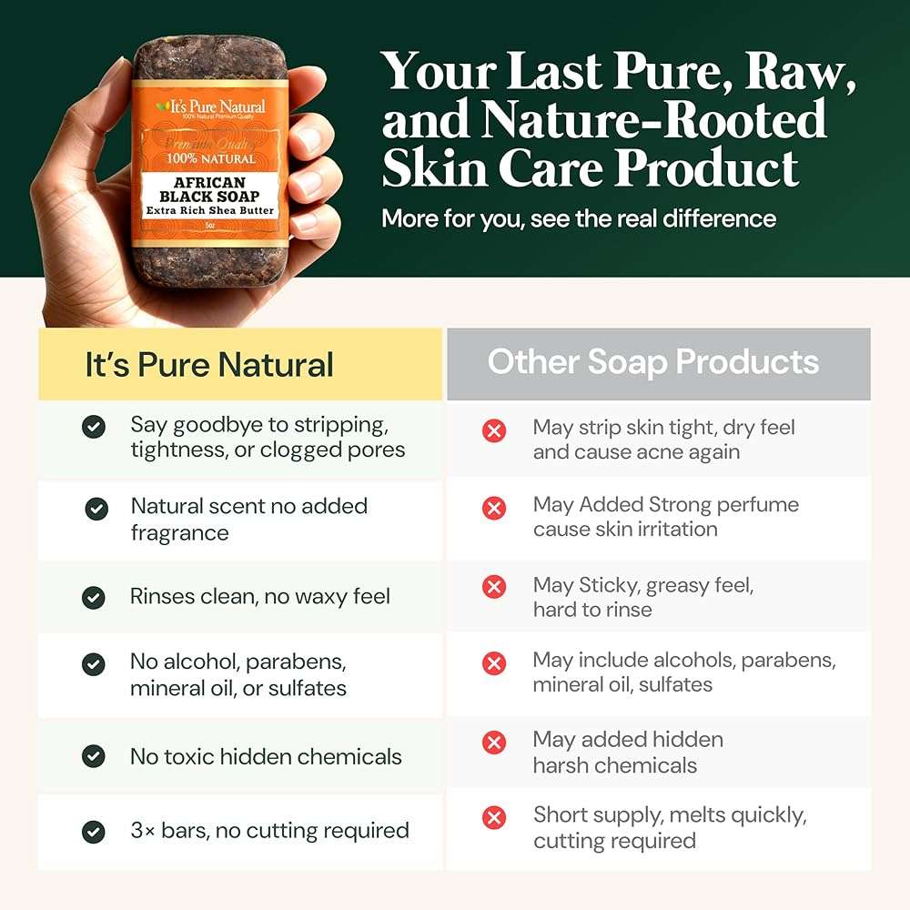 It's Pure Natural Raw African Black Soap Bars Extra Rich Shea Butter (Pack of 3, 15oz Total) – Organic Soap for Acne, Dark Spots & Dry Skin – Face & Body Cleanser – Handmade in Ghana - Image 6