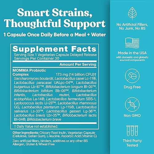 Momma Prenatal Probiotics Mom & Baby - Gut and Digestive Postpartum, Nursing, Morning Sickness Pregnancy Relief - 18 Clinically Proven Strains, 14 Billion CFU, Prebiotic - 30 Mini Vegan Capsules - Image 6