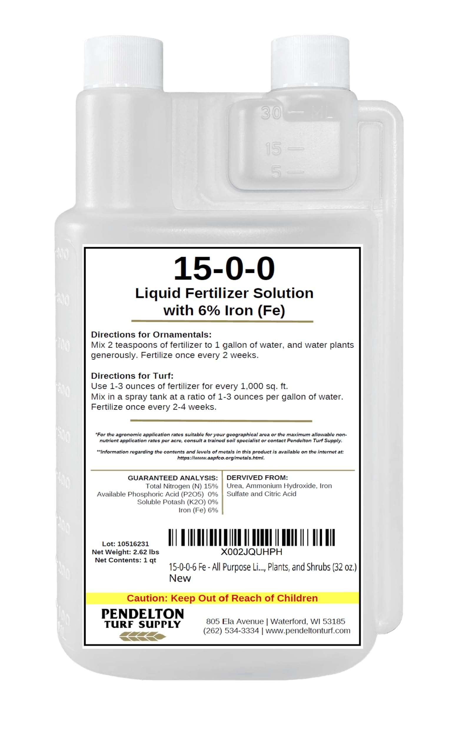 Pendelton Turf Supply Inc. 15-0-0-6 Fe All Purpose Liquid Iron Fertilizer Solution for Darker, Greener Turf, Plants, and Shrubs (32 oz.) - Image 1
