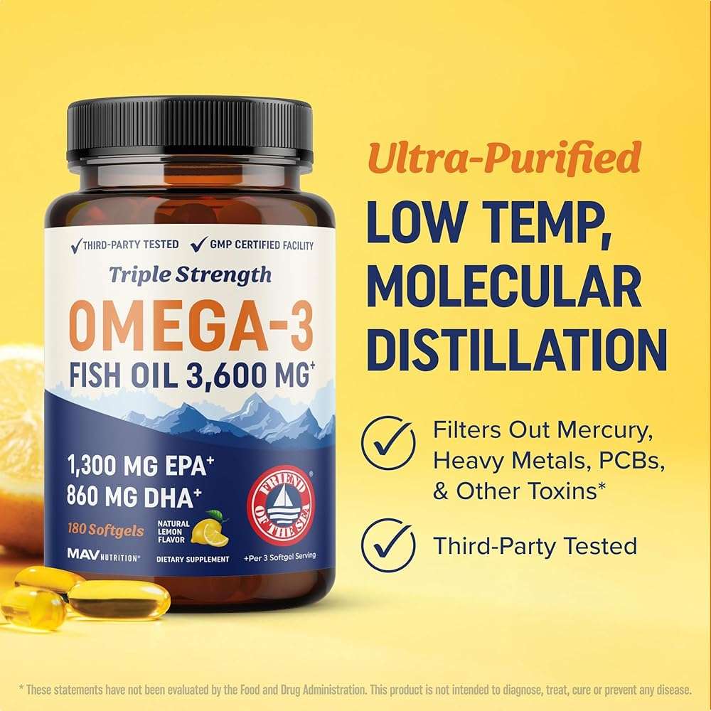 Triple Strength Omega 3 Fish Oil 3600 mg | EPA & DHA | Over 2100mg Omega-3 Fatty Acids | 1300mg EPA + 860mg DHA | Best Essential Fatty Acids | Premium Wild Caught & Burpless Fish Oil | 180 Ct - Image 5