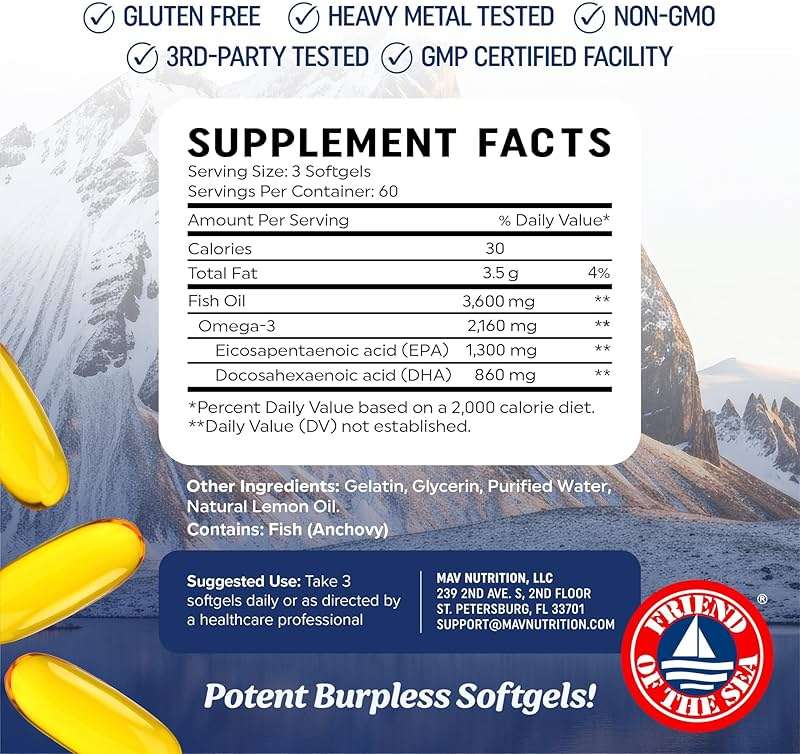 Triple Strength Omega 3 Fish Oil 3600 mg | EPA & DHA | Over 2100mg Omega-3 Fatty Acids | 1300mg EPA + 860mg DHA | Best Essential Fatty Acids | Premium Wild Caught & Burpless Fish Oil | 180 Ct - Image 6