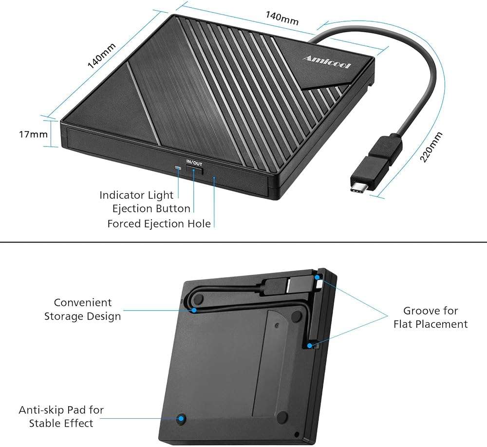 Amicool External DVD Drive USB 3.0 USB C CD Burner CD/DVD +/-RW Optical Drive, Slim Portable DVD Player CD ROM Rewriter Writer Reader for Laptop Desktop PC Windows 11/10/8/7 MacBook Mac Linux OS Apple - Image 5