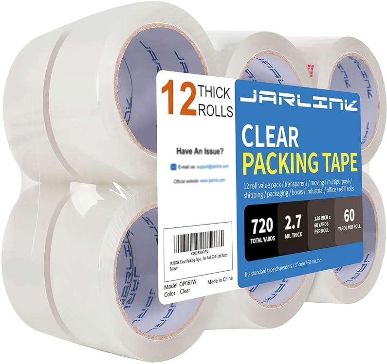 JARLINK Clear Packing Tape (12 Rolls), Heavy Duty Packaging Tape for Shipping Packaging Moving Sealing, 2.7mil Thick, 1.88 inches Wide, 60 Yards Per Roll, 720 Total Yards - Image 1