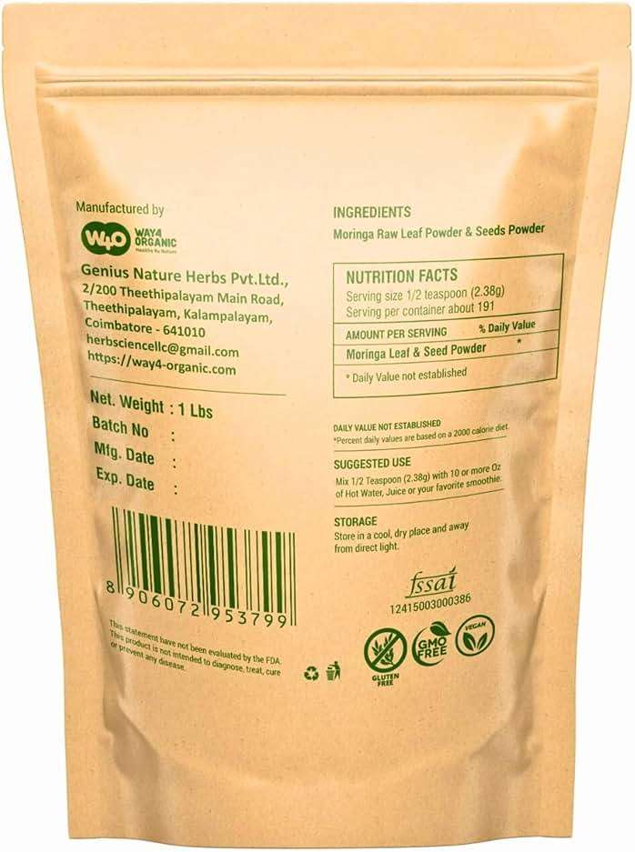 WAY 4 ORGANIC W4O Moringa Oleifera Leaf and Seed Powder (80:20) Ratio 16 Oz(1lb), Tender Leaves & Seeds, One Powder with Two Benefits, Miracle Tree - Image 2