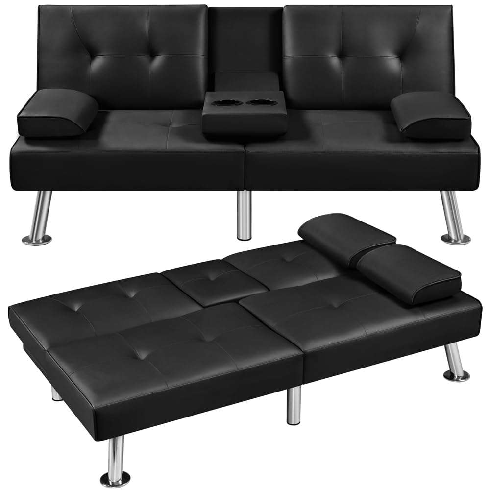 Yaheetech Convertible Sofa Bed Adjustable Couch Sleeper Modern Faux Leather Recliner Reversible Loveseat Folding Daybed Guest Bed, Removable Armrests, Cup Holders, 3 Angles, 772lb Capacity, Black - Image 1