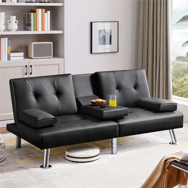Yaheetech Convertible Sofa Bed Adjustable Couch Sleeper Modern Faux Leather Recliner Reversible Loveseat Folding Daybed Guest Bed, Removable Armrests, Cup Holders, 3 Angles, 772lb Capacity, Black - Image 2