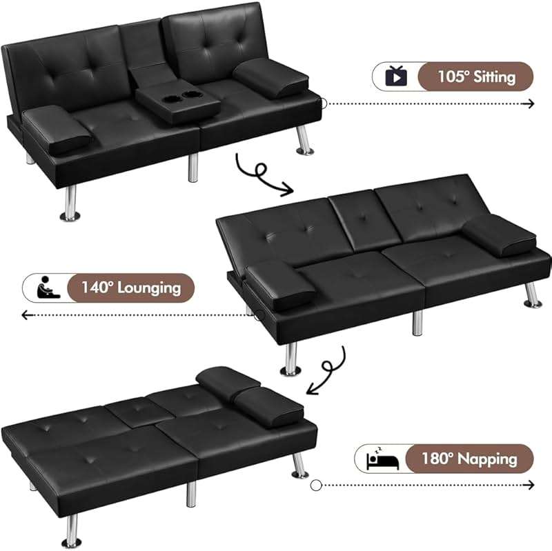 Yaheetech Convertible Sofa Bed Adjustable Couch Sleeper Modern Faux Leather Recliner Reversible Loveseat Folding Daybed Guest Bed, Removable Armrests, Cup Holders, 3 Angles, 772lb Capacity, Black - Image 5