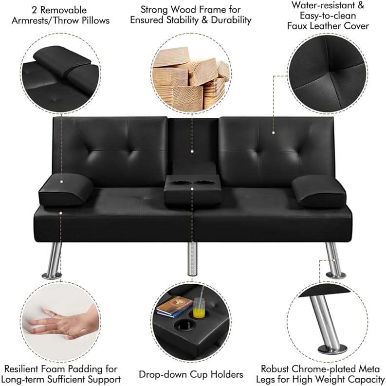 Yaheetech Convertible Sofa Bed Adjustable Couch Sleeper Modern Faux Leather Recliner Reversible Loveseat Folding Daybed Guest Bed, Removable Armrests, Cup Holders, 3 Angles, 772lb Capacity, Black - Image 6