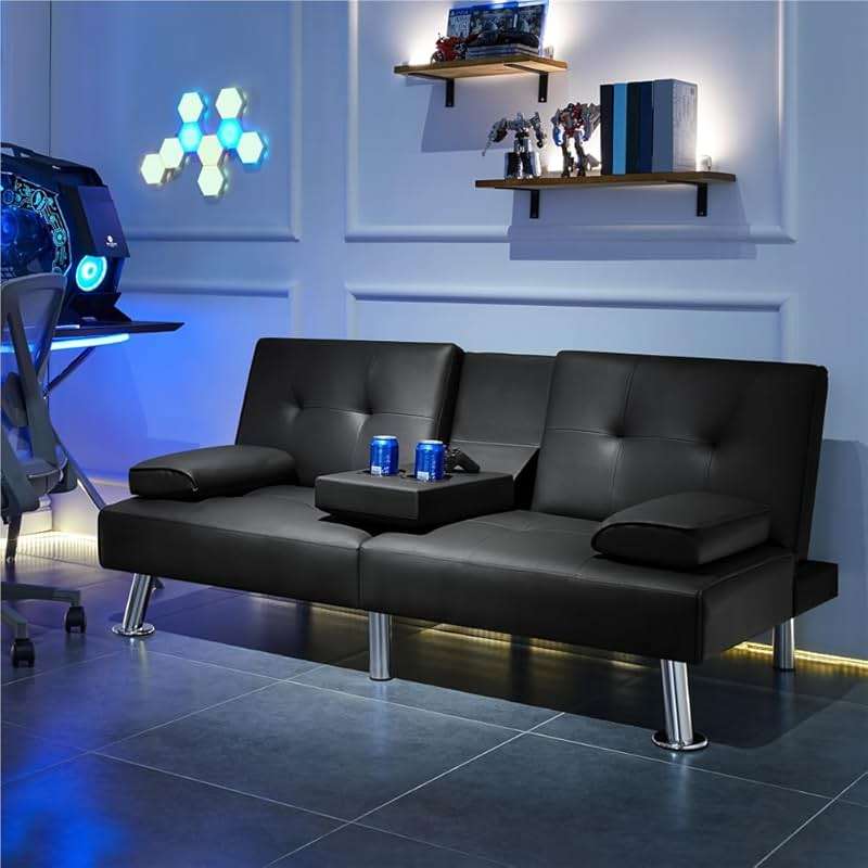 Yaheetech Convertible Sofa Bed Adjustable Couch Sleeper Modern Faux Leather Recliner Reversible Loveseat Folding Daybed Guest Bed, Removable Armrests, Cup Holders, 3 Angles, 772lb Capacity, Black - Image 7
