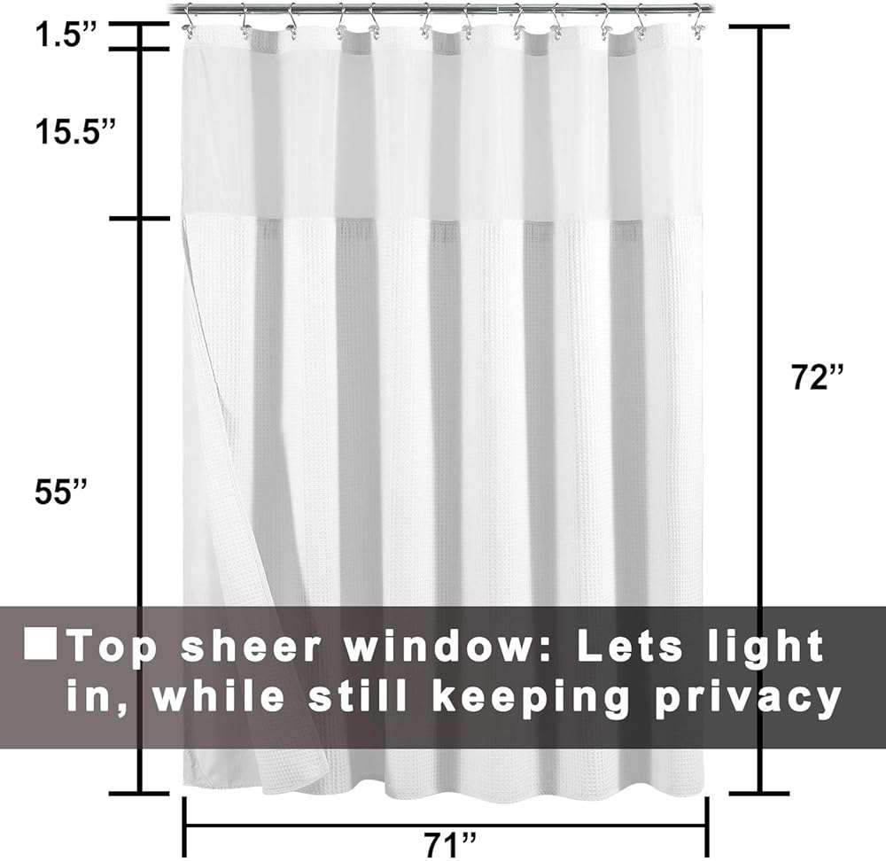 Hotel Style Cotton Shower Curtain with Snap-in Fabric Liner, Mesh Window Top, Honeycomb Waffle Weave Cotton Blend Fabric, Washable, White, 72x72 Inches - Image 2