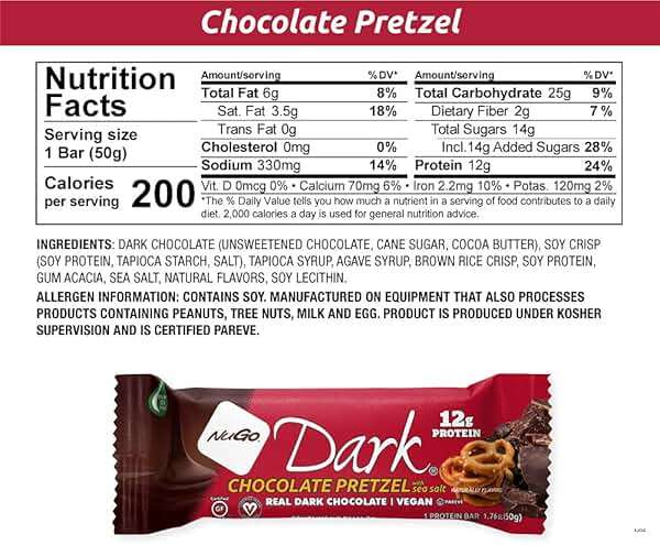 NuGo Dark Chocolate Pretzel with Sea Salt, 12g Protein Bar, Vegan, Gluten Free, Non-GMO, Kosher Pareve, 24 Count - Image 7