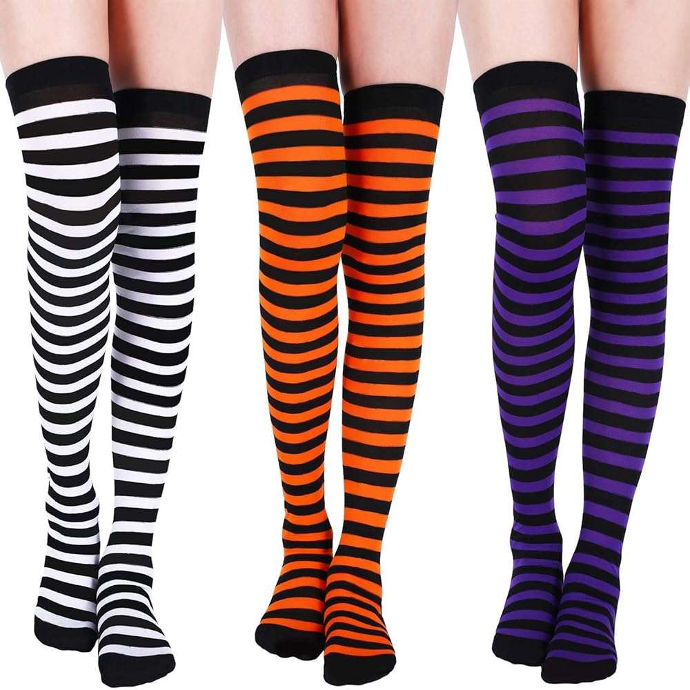 SATINIOR 3 Pairs Halloween Striped Thigh High Socks Long over Knee High Socks Halloween Cosplay Stocking for Women - Image 1