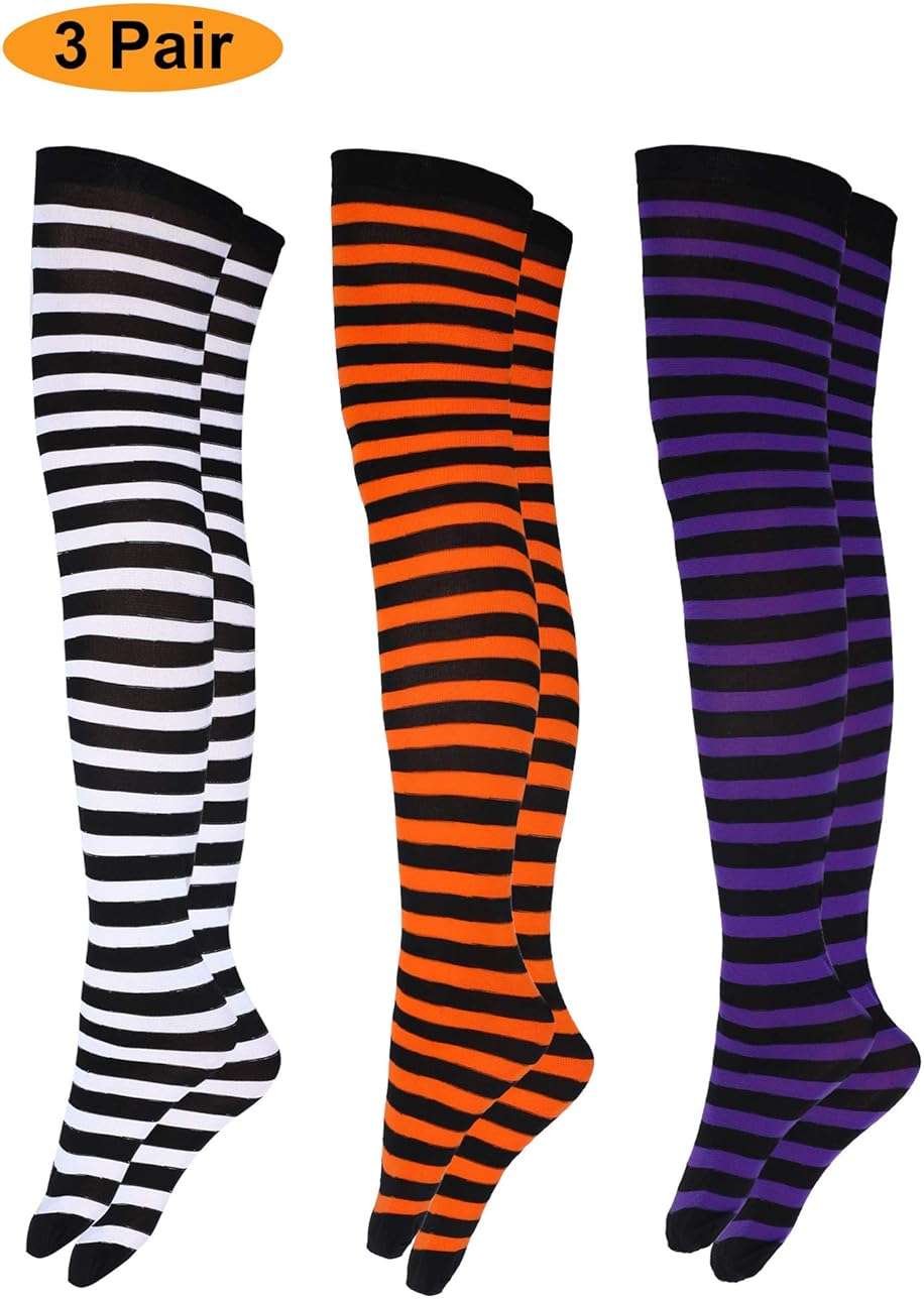 SATINIOR 3 Pairs Halloween Striped Thigh High Socks Long over Knee High Socks Halloween Cosplay Stocking for Women - Image 3