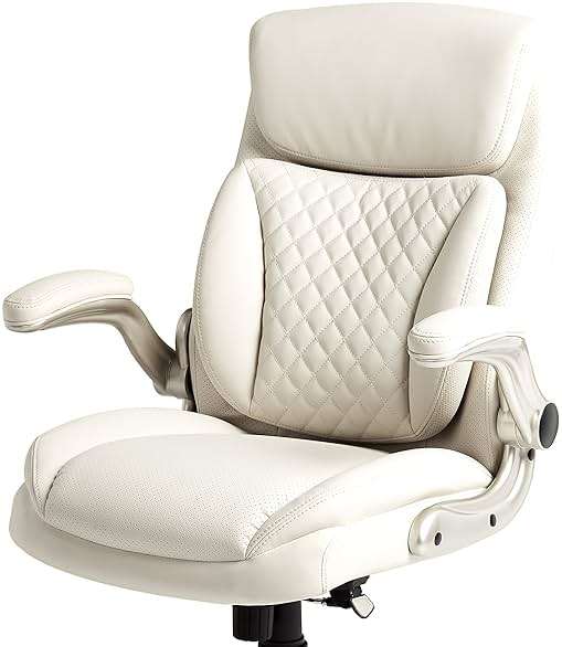 Amazon Basics Ergonomic Executive Office Desk Chair with Lumbar Support, Flip-up Armrests, Adjustable Height, Cream Leather - Image 4