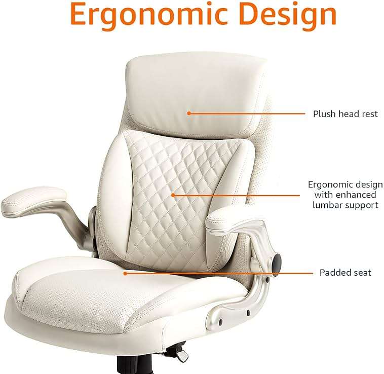 Amazon Basics Ergonomic Executive Office Desk Chair with Lumbar Support, Flip-up Armrests, Adjustable Height, Cream Leather - Image 5