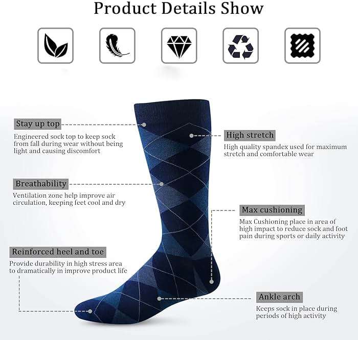 Yousu Mens Dress Socks Business Casual Solid Pattern Cotton Crew Sock 6 Pairs, Gifts for Men Boys Fathers Day Cushioned Work - Image 2