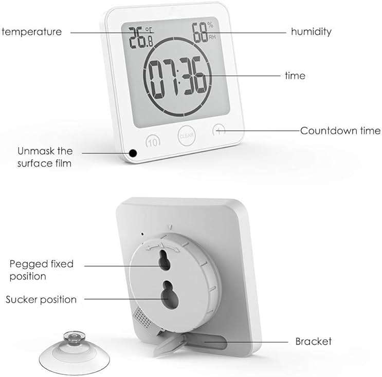 NOFIBAF Digital Bathroom Shower Wall Clock Timer with Alarm with Big LCD Display, Waterproof for Water Spray, Humidity Temperature Display, Wall Clock Timer for Bathroom Shower Makeup Cooking - Image 5