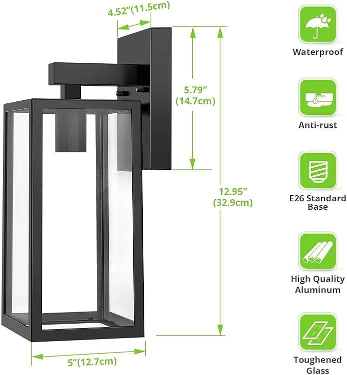 MAXvolador Outdoor Wall Sconce, Exterior Waterproof Wall Lantern Light Fixtures, Black Porch Lights with Toughened Glass Shade, Anti-Rust E26 Socket Front Door Mount Lighting, 2 Pack - Image 5