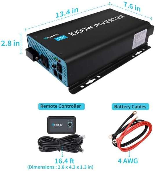 Renogy 1000W Pure Sine Wave Inverter with ECO Mode, 12V DC to AC 120V 110V Converter for Off-Grid Solar System, Home, RV, Solar Power Inverter with Remote Switch, Surge 2000W - Image 3