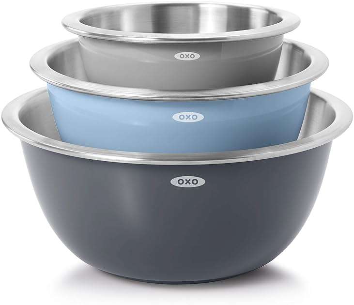 OXO Good Grips 3-Piece Stainless Steel Mixing Bowl Set - Blue/Gray - Image 1